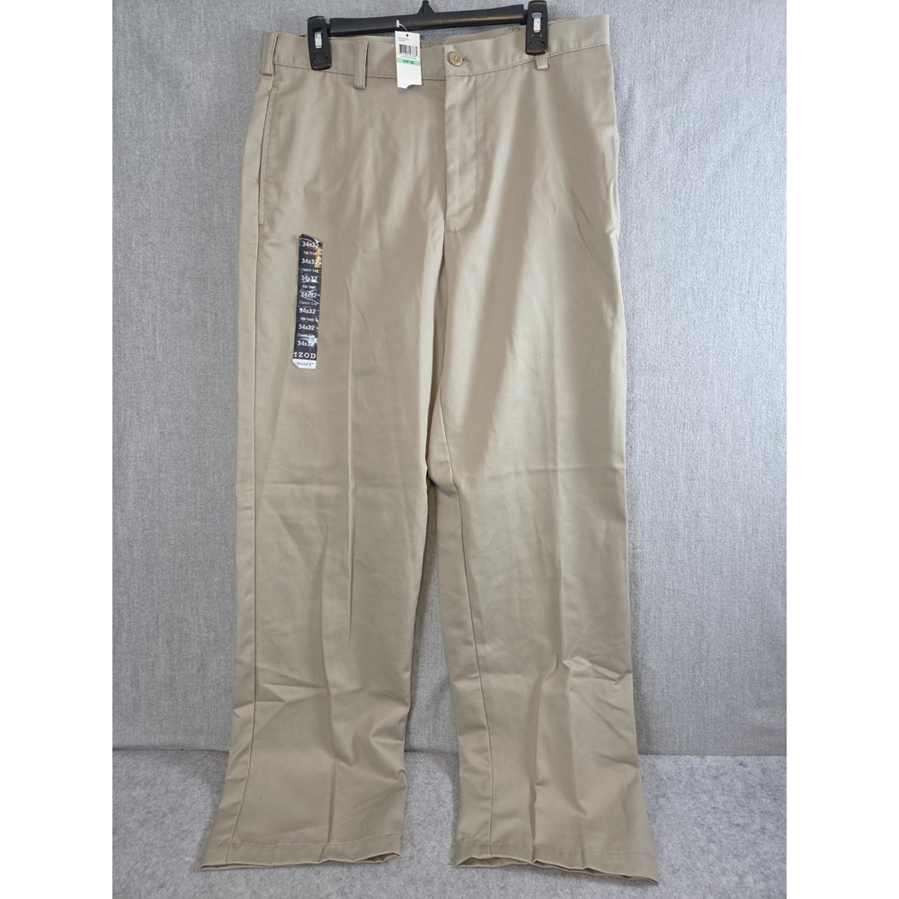 IZOD American Chino Pants Mens 34x32 Khaki Classic Flat Front No Wrinkle NEW